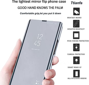 Ttianfa Case for oppo Reno 5 5G cover Mirror Flip Case,Screen protection film Protective 360 Function Stand Shockproof Platin Clear View PU TPU Case flip mirror,Silver