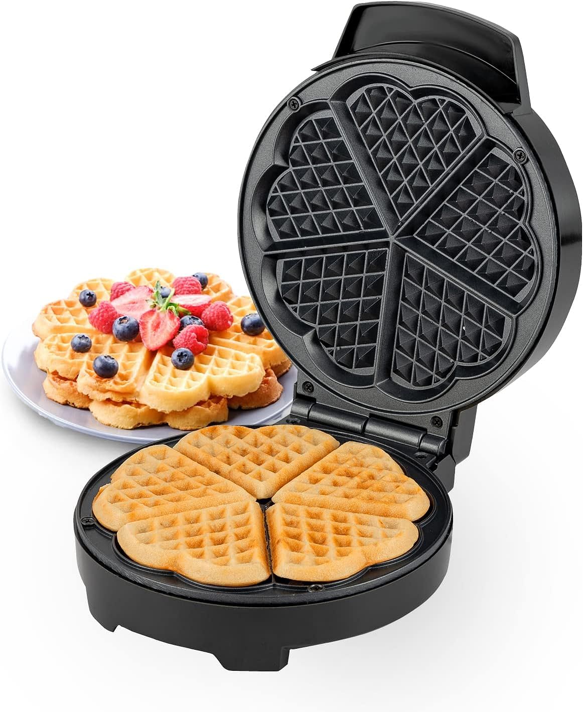 Geepas Waffle Maker – 5 Slice Heart Shaped Non-Stick Electric Belgian with Adjustable Temperature Control 1000W - Silver & Black