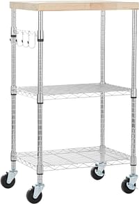 Amazn Basics Kitchen Storage Microwave Rack Cart on Caster Wheels with Adjustable Shelves, 79.3 kilograms Capacity, 38.1 x 53.3 x 93.2 cm, Wood/Chrome