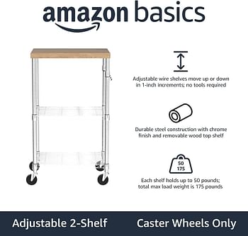 Amazn Basics Kitchen Storage Microwave Rack Cart on Caster Wheels with Adjustable Shelves, 79.3 kilograms Capacity, 38.1 x 53.3 x 93.2 cm, Wood/Chrome