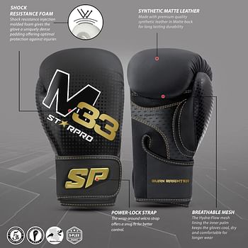 Starpro M33 Boxing Black Gloves for Training Sparring- 8oz-Matt Black and Gold - Men and Women - One Piece Padding - Wrist Protection - Breathable