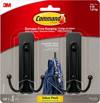 Command Large, Damage Free Hanging Wall Hooks with Adhesive Strips, No Tools Double Wall Hooks for Christmas Decorations, 2 Black Plastic Hooks and 2 Strips