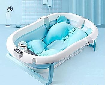 SMART_FUTURE Foldable Baby Bathtub Set with Temperature Sensing Thermometer + Bathmat Cushion. Sitting Lying Large Safe Bathtub for Newborn Kids Child Toddlers (Blue)