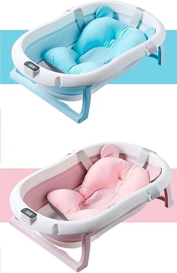 SMART_FUTURE Foldable Baby Bathtub Set with Temperature Sensing Thermometer + Bathmat Cushion. Sitting Lying Large Safe Bathtub for Newborn Kids Child Toddlers (Blue)