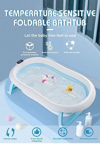 SMART_FUTURE Foldable Baby Bathtub Set with Temperature Sensing Thermometer + Bathmat Cushion. Sitting Lying Large Safe Bathtub for Newborn Kids Child Toddlers (Blue)
