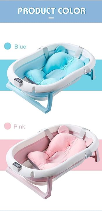 SMART_FUTURE Foldable Baby Bathtub Set with Temperature Sensing Thermometer + Bathmat Cushion. Sitting Lying Large Safe Bathtub for Newborn Kids Child Toddlers (Blue)