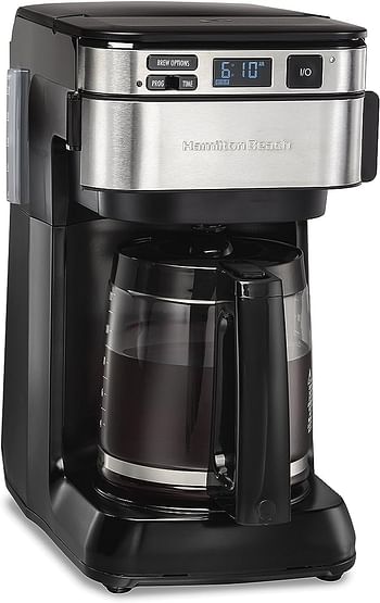 Hamilton Beach FrontFill 12 Cup Programmable Coffee Maker 1.7L Glass carafe 950W Wake up ready 3 brewing options Reusable mesh filter Clean reminder Auto shut off 46310-ME - Silver/Black