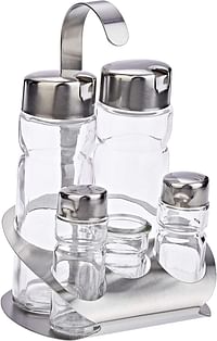 83123- Salt And Pepper Shakers And Oil And Vinegar Bottles Set With Metal Stand Set - 5 Pieces - Clear