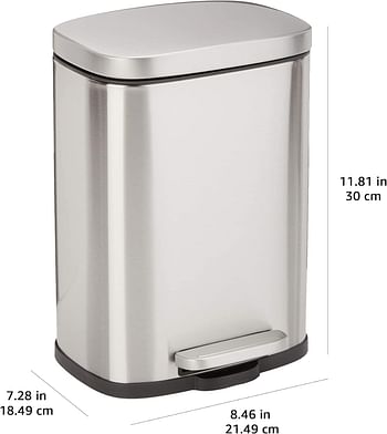 Amazn Basics Smudge Resistant Small Rectangular Trash Can With Soft-Close Foot Pedal, Brushed Stainless Steel, 5 Liter/1.3 Gallon, Satin Nickel Finish