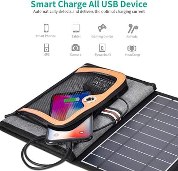 CHOETECH SC005 22W Foldable Solar and Portable Panel Charger with 2 USB Ports, Waterproof Solar Battery Charger Compatible with iPhone,Samsung,iPad,GPS,GoPro,Digital Camera etc,Black
