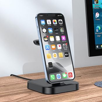 Hoco CW43 - Graceful, 3-In-1 Vertical Wireless Charger, Compatible With Apple Watch 1-8, Se/Se2, Ultra - Black, Lightning