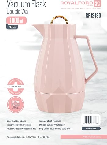 Royalford 1L Vacuum Flask- RF12130 With Pink Glass Inner and PP Outer Body Keeps Your Drinks Hot or Cold, for Indoor and Outdoor Use Pink and Golden