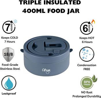 Citron- Vacuum Insulated Food Jar for Kids & Adults | BPA Free Food Thermos | Travel Hot Food Container- 400 ml Dark Blue