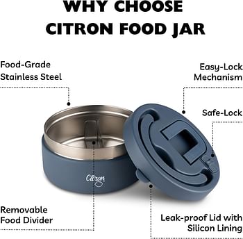 Citron- Vacuum Insulated Food Jar for Kids & Adults | BPA Free Food Thermos | Travel Hot Food Container- 400 ml Dark Blue