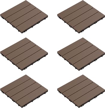 Pure Garden 50-LG1191 Patio and Deck Tiles – Interlocking Slat Pattern Outdoor Floor Pavers Weather Resistant and Anti-Slip Square DIY Mat (Brown 6 Pieces),