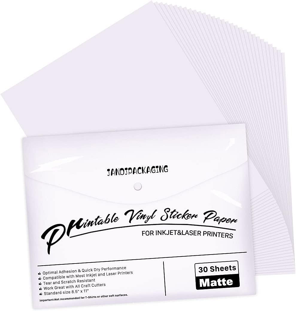 Jandpackaging Printable Vinyl for Inkjet Printer - 30 Pack Printable Vinyl Sticker Paper Matte White - Standard Size 8.5"x11"
