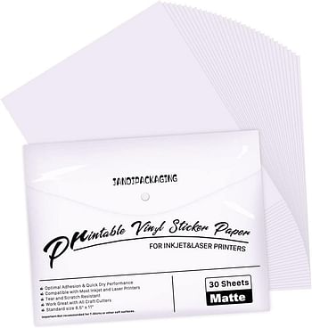 Printable Vinyl for Inkjet Printer - 30 Pack Printable Vinyl Sticker Paper Matte White - Standard Size 8.5"x11"