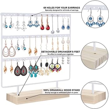 Orchid M Earrings Organizer Jewelry Display Stand, 3-Tier Earring Holder Rack for Hanging Earrings, Metal and Wood Basic Large Storage Earring Jewelry Display Tree as Women Girls Gift (White)