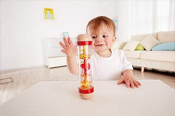 Hape Beaded Raindrops , Mini Wooden Musical Shake & Rattle Rainmaker Toy, Red