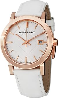 BURBERRY Men's BU9012 Large Check White Leather Strap Watch, White, Quartz Movement, White, Quartz Movement