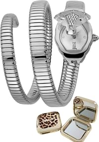 مجموعة ناسكوتو للنساء تتضمن ساعة بتصميم ثعبان مع مراة جيب من الستيل متضمنة من جست كافالي، Jc1L073M0015, درجة الفضي