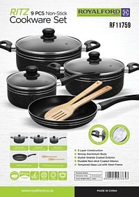 Royalford RF11759 Ritz 9-Piece Non-Stick Cookware Set Aluminum Body With 3-Layer Construction, CD Bottom, Bakelite Handles And Glass Lid Black