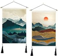 ORTIGIA 2 Pack Japanese Mountain Tapestry Wall Hanging with Tassels Misty Forest Tapestries Wall Art Sun Nature Landscape Home Decor for Bedroom Aesthetic 14" W x 20" L (35cmx50cm)
