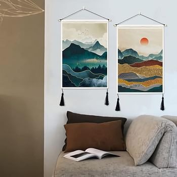 ORTIGIA 2 Pack Japanese Mountain Tapestry Wall Hanging with Tassels Misty Forest Tapestries Wall Art Sun Nature Landscape Home Decor for Bedroom Aesthetic 14" W x 20" L (35cmx50cm)