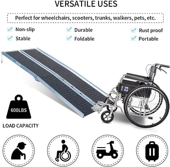 Sharewin-6FT Non-Skid Traction Folding Aluminum Wheelchair Ramp Scooter Mobility Handicap Ramp for Home Steps, Suitcase with Handle, Holds Up to 600lbs - Black/6 Foot
