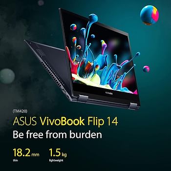 ASUS VivoBook Flip, TM420UA-EC149W, 14" FHD Touch, AMD R5 5500U,8GB RAM,512GB SSD, AR-EN Keyboard With Num Pad + Stylus Pen, WIN 11, Black