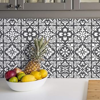 WALPLUS 24 Units Wall Stickers Removable Self-Adhesive Mural Vinyl Home DIY Bathroom Kitchen Gift - Wt1542 Dark Grey Spanish Renaissance Tiles Wall Stickers , 15cmx15cm