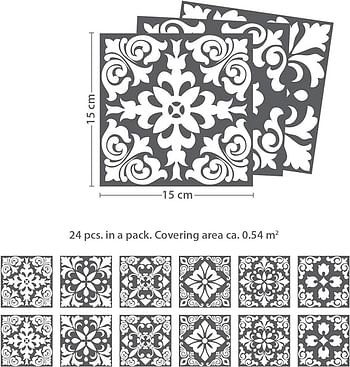 والبلس 24 قطعة من ملصقات الحائط الجدارية ذاتية اللصق القابلة للإزالة من الفينيل للمنزل للمطبخ والحمام - Wt1542 ملصقات حائط من بلاط عصر النهضة الإسباني باللون الرمادي الداكن، 15 سم × 15 سم