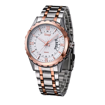 Stagi Men's Casual Analog Watch with Stainless Steel Strap, Silver/Rose Gold