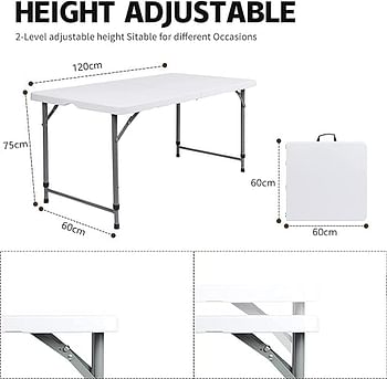 Sky Touch-Folding Lightweight Trestle Outdoor Camping Table,Heavy Duty Plastic Outdoor Folding Picnic Table,Folding Trestle Table For BBQ Party, Folds in Half with Carry Handle,White(120×60×75cm)