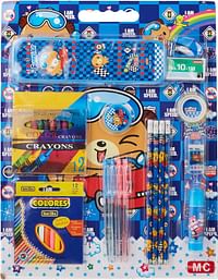 Star Babies Stationery Set - Pack of 15 Includes: 4 Pencils + 4 Pens + 1 Crayon Set + 1 Color Pencil Set + 1 Pencil Case + 1 Stapler + 1 Eraser + 1 Tape + 1 Glue -Blue