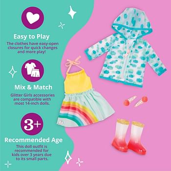 Glitter Girls by Battat – 14-inch Doll Clothes - Smile! Rain Or Shine Outfit – Rainbow Dress, Hair Clips, Raincoat, and Rain Boots – Toys, Clothes, and Accessories for Kids Ages 3 & Up