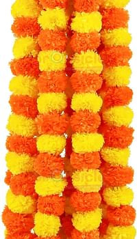 Propsicle Artificial Flower Marigold Garland Pack of 5 for Annaprashan Decoration Door Hanging, Indian Wedding Haldi Ceremony Decoration, House Warming - Yellow & Orange