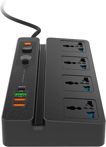 Powerology Universal Socket 4 AC 3 USB Ports & USB-C PD 35W Multiport Socket with Phone Stand and Timer, Fire-Proof Protection, Power Strip with 2M Wall Plug Adapter Extension Cord (Black)