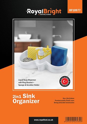 Royalford 2-in-1 Sink Organizer- RF10977 Provides Space for Brush Holder, Sponge Holder, Soap Dispenser Compartment and Ring bracket Break-Resistant, Light-Weight, Blue and White