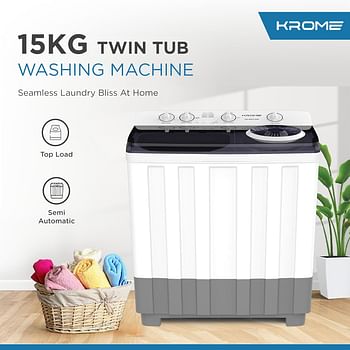 KROME 15KG Twin Tub Semi-Automatic Washing Machine, Powerful Wash with Mechanical Wash Timer, Intuitive Control, Durable Aluminium Spin Motor, 460W Wash & 200W Spin Input Power, White, KR-WSA150K