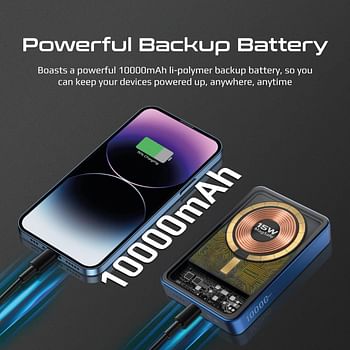 Promate iPhone 15 Power Bank, Premium 10000mAh Transparent Battery Pack, 15W Magnetic Charging 20W USB-C Power Delivery Port, Over Charging Protection for iPhone 13/14, Galaxy S22, LucidPack-10 Blue