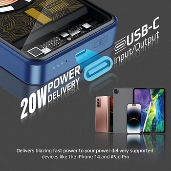Promate iPhone 15 Power Bank, Premium 10000mAh Transparent Battery Pack, 15W Magnetic Charging 20W USB-C Power Delivery Port, Over Charging Protection for iPhone 13/14, Galaxy S22, LucidPack-10 Blue