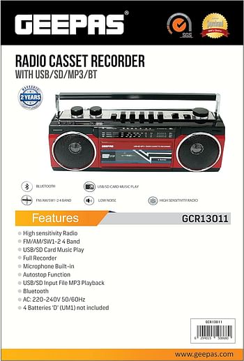 Geepas Microphone Speakers USB-SD-MP3-BT Radio Casset Recorder with Autostop Function -GCR13011 Black-Red