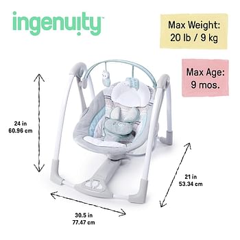 Ingenuity Compact Lightweight Portable Baby Swing with Music, Nature Sounds and Battery-Saving Technology - Abernathy, 0-9 Months