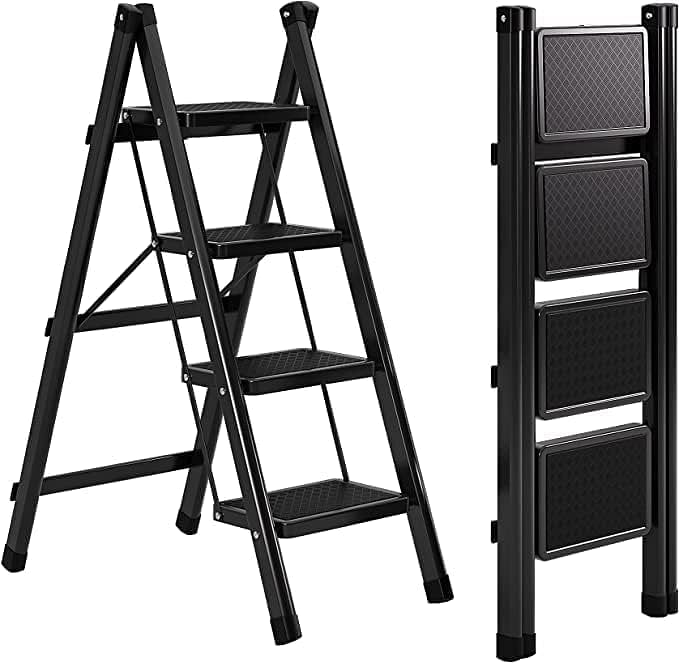 4 Step Ladder - Folding Step Stool with Wide Anti-Slip Pedal - Sturdy Steel Ladder - Lightweight - Portable Steel Step Stool - Multi-Use for Household and Kitchen - Black-A