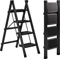 4 Step Ladder - Folding Step Stool with Wide Anti-Slip Pedal - Sturdy Steel Ladder - Lightweight - Portable Steel Step Stool - Multi-Use for Household and Kitchen - Black-A