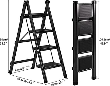 4 Step Ladder - Folding Step Stool with Wide Anti-Slip Pedal - Sturdy Steel Ladder - Lightweight - Portable Steel Step Stool - Multi-Use for Household and Kitchen - Black-A