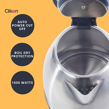 Clikon - Stainless Steel Cordless Electric Kettle With Led Indicator - 1.8 Liter Volume Capacity - High Grade Steel Body - Boil Dry Protection - Silver & Grey - Ck5125