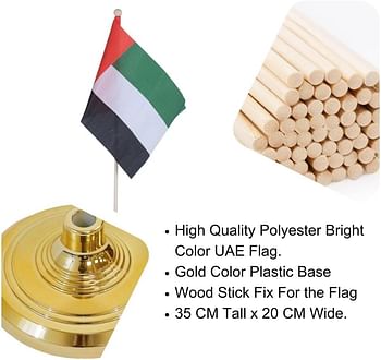 UAE Desk Flag Bright UAE Flag On Wooden Stick With Gold Color Plastic Base (30 CM x 20 CM Flag) For Office, Home National Day And Conferences (1 Count)