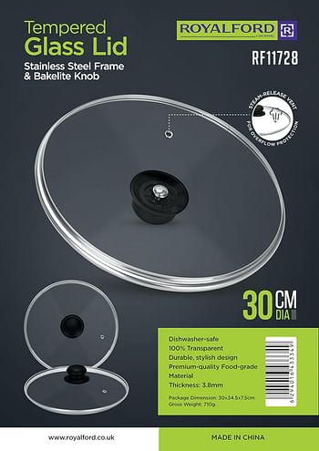 Royalford 28 CM Tempered Glass Lid With Bakelite Knob- RF11727 3.8 MM Thickness- Transparent Lid With Stainless Steel Frame Equipped With Steam Release Vent